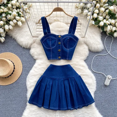 Short Camisole Versatile Mini Skirt Denim Two-Piece