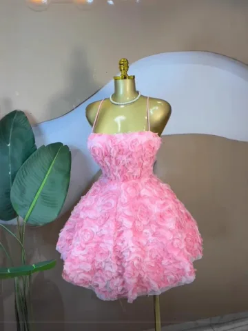 InSweet Spaghetti Strap Rose Floral Puff Short Sleeveless Tube Top Waist-Cinching Dress